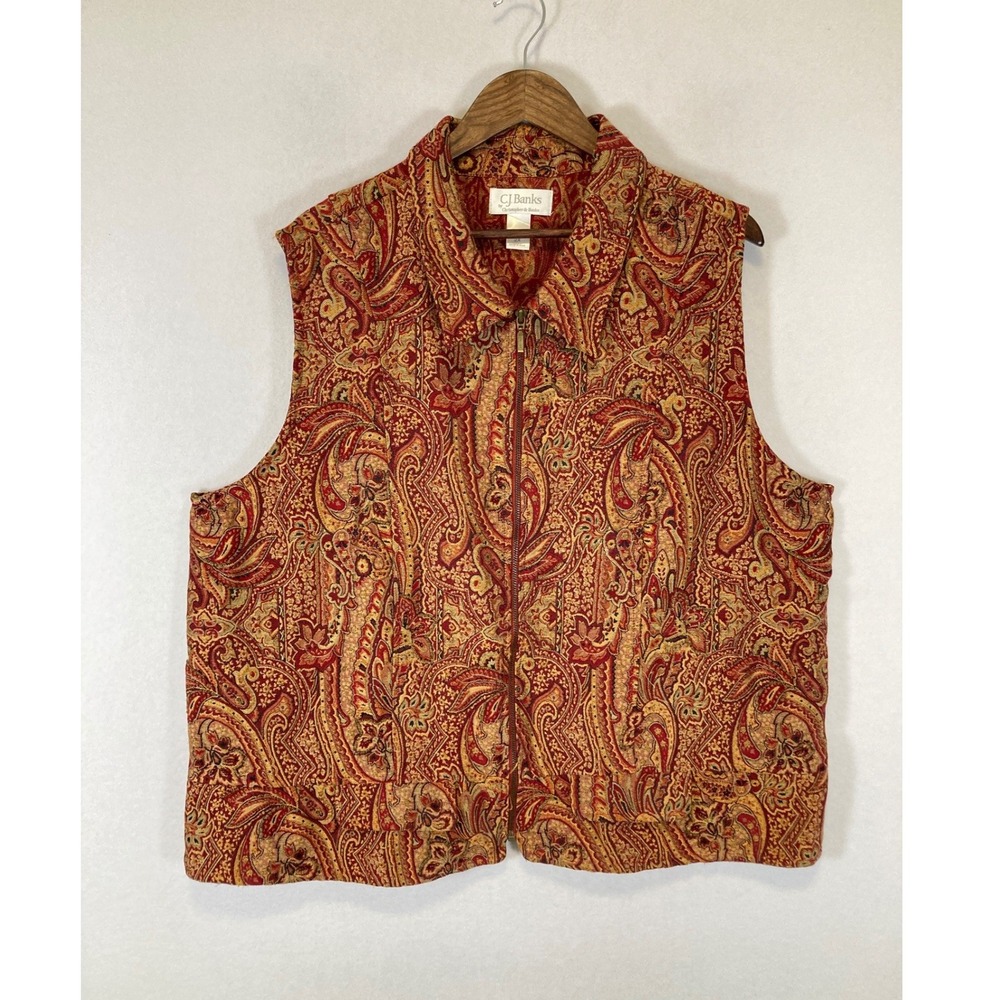 Boho Vintage CJ Banks Women 2X Red Gold Paisley Tapestry Beaded Zip Front Vest